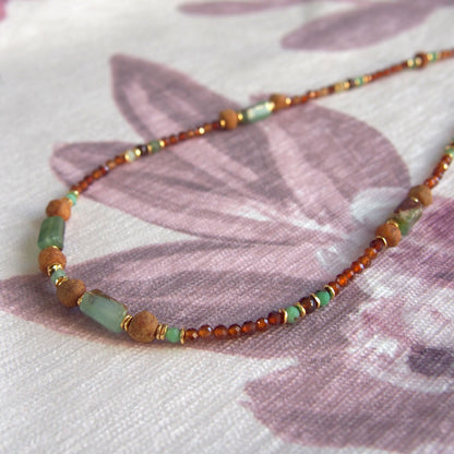 Common Opal(green), Amber(Raw crust), Chrysoprase, Garnet(orange) Necklace–Buds