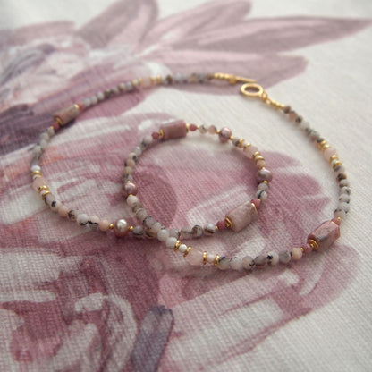 Rhodonite, Pearls, Morganite, Common Opal, Rhodochrosite Necklace–Rosa multiflora