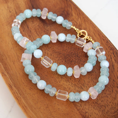 Rose Quartz, Rock Crystal, Amazonite, Beryl, Chalcedony Necklace- Romance