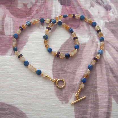 Amethyst, Lapis lazuli,  Citrine Necklace-Starry Night