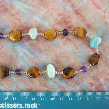 Tiger’s eye, Amazonite, Amethyst Necklace- Courage
