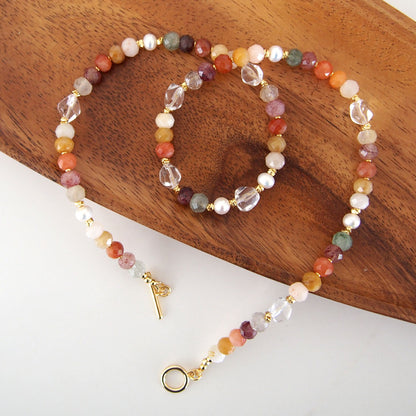 Agate, Pearls, Quartz Rutilated, Rock Crystal, Strawberry Quartz Necklace- Vigour