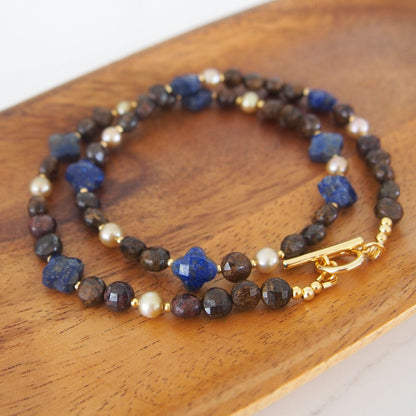 Lapis Lazuli, Bronzite, Pearls Necklace- Night Sky
