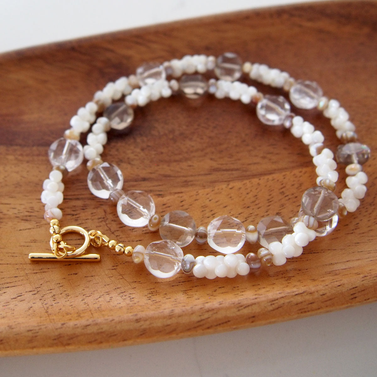 Smoky Quartz, Rock Crystal, Shell beads Necklace- Snowberry