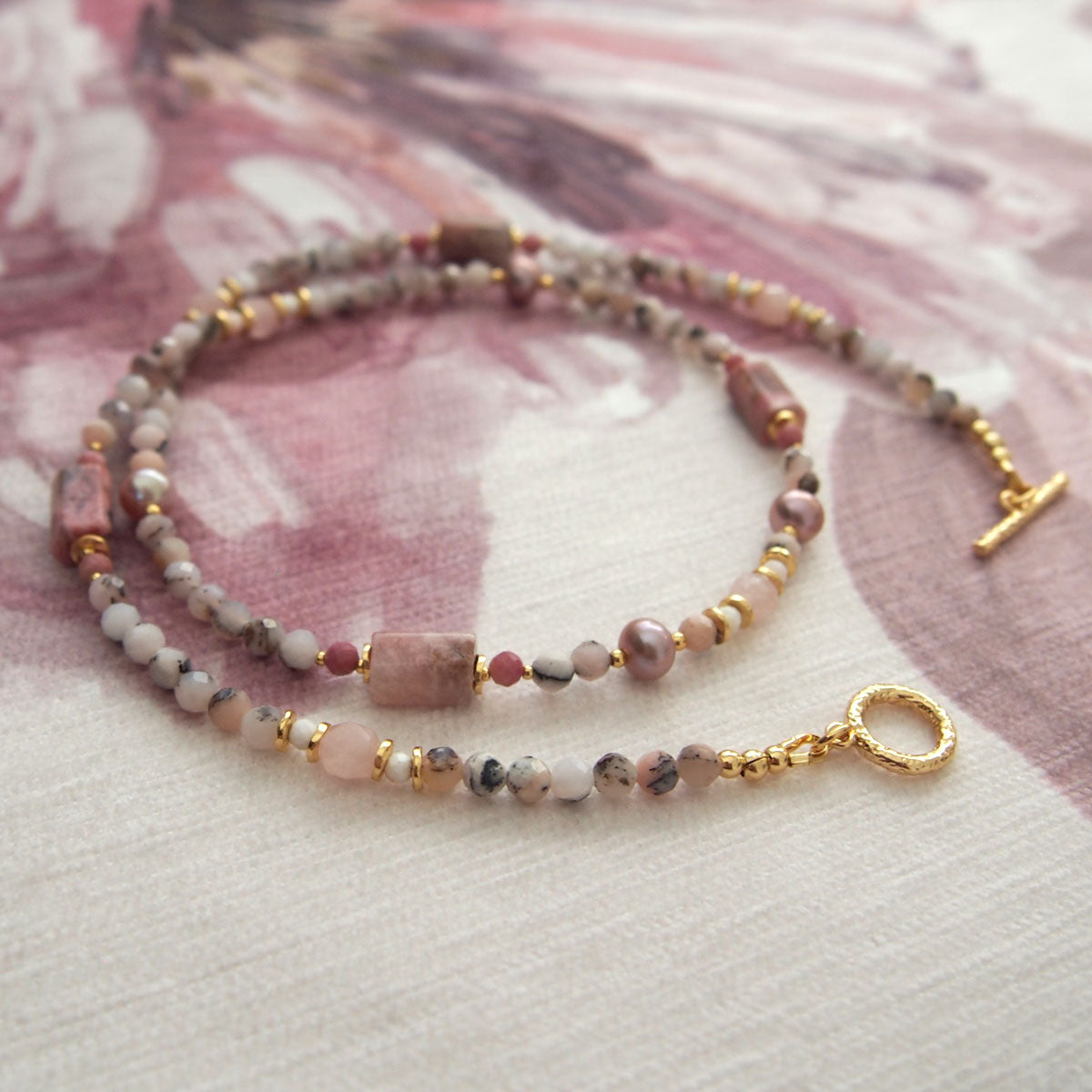 Rhodonite, Pearls, Morganite, Common Opal, Rhodochrosite Necklace–Rosa multiflora