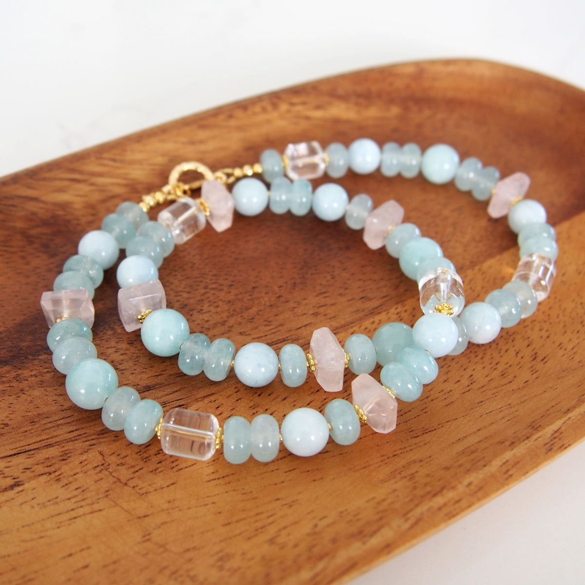 Rose Quartz, Rock Crystal, Amazonite, Beryl, Chalcedony Necklace- Romance
