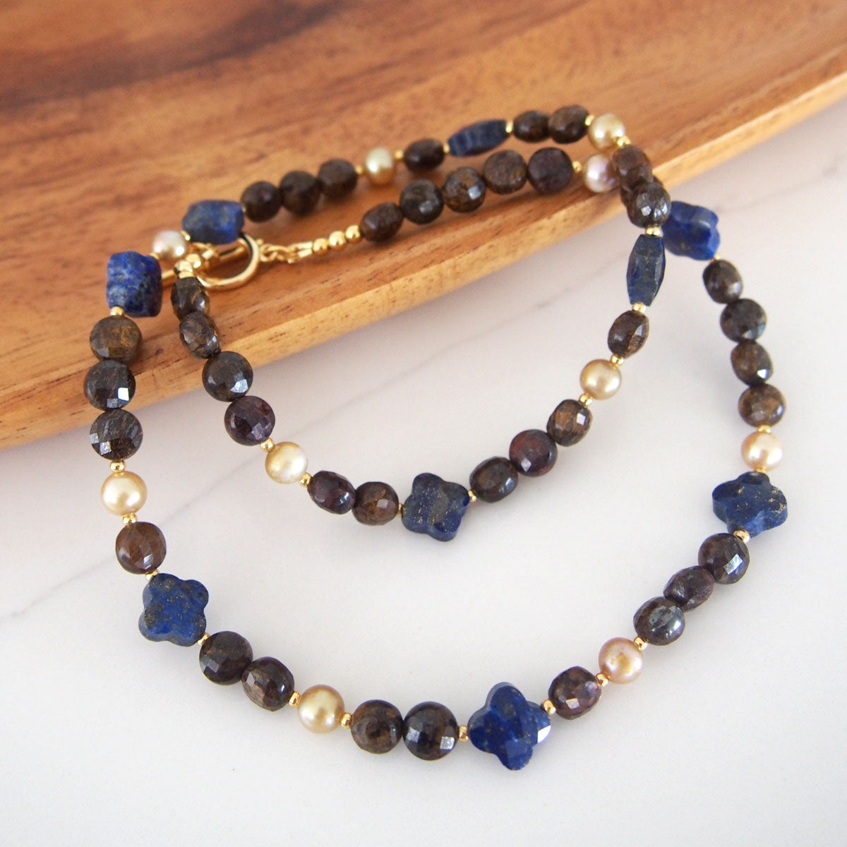 Lapis Lazuli, Bronzite, Pearls Necklace- Night Sky