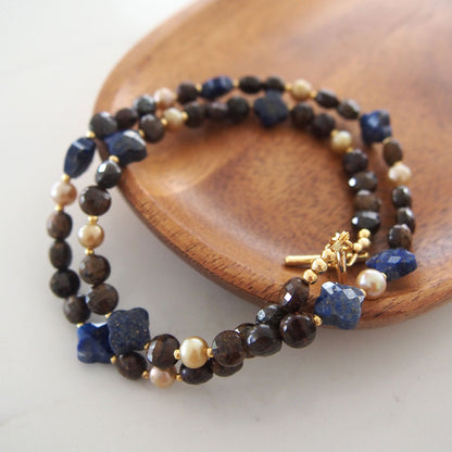 Lapis Lazuli, Bronzite, Pearls Necklace- Night Sky