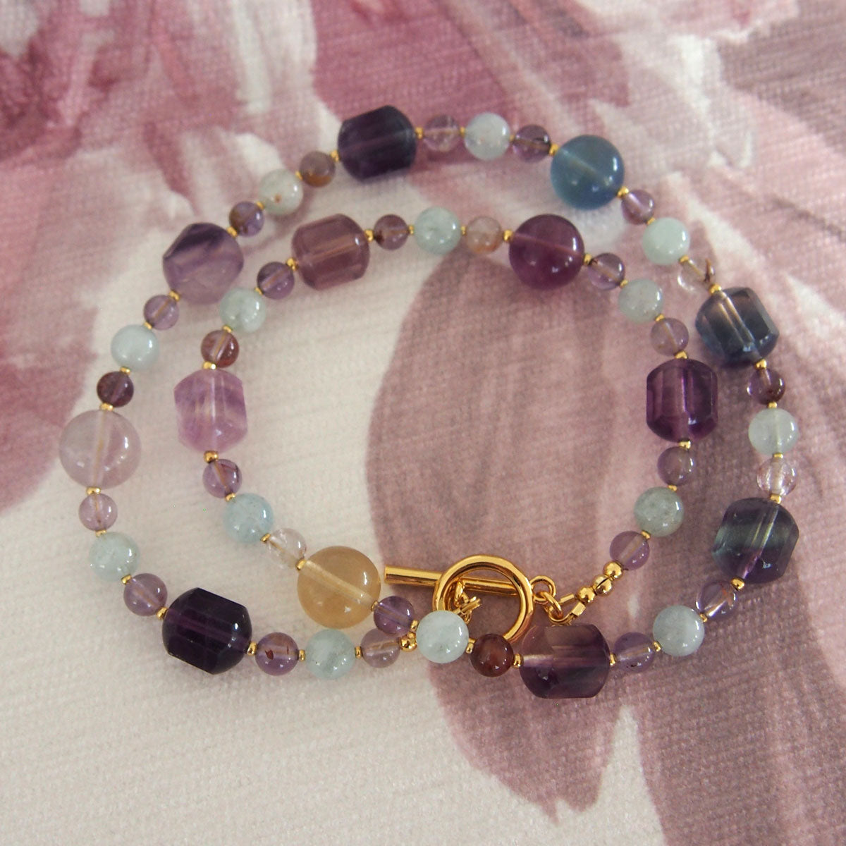 Fluorite, Beryl(light blue), Amethyst Necklace- Dreamlike