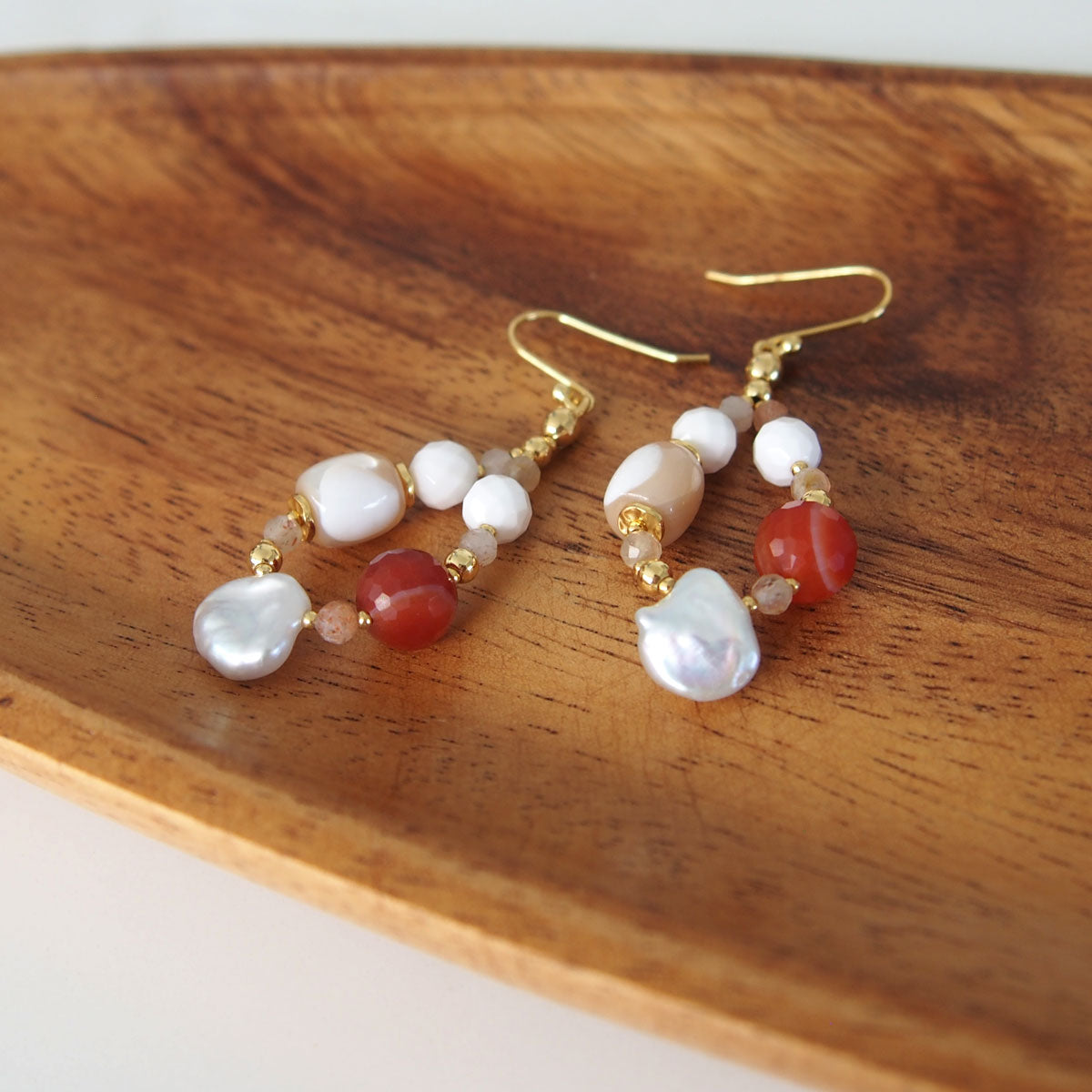 Pearls, Shell beads, Agate, Sunstone Earrings- Red sun