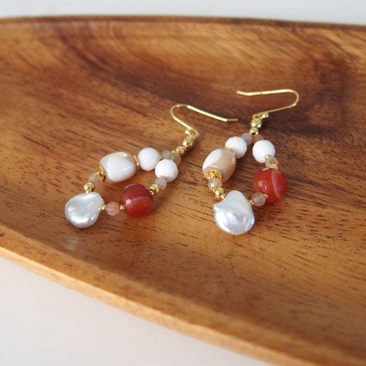 Pearls, Shell beads, Agate, Sunstone Earrings- Red sun