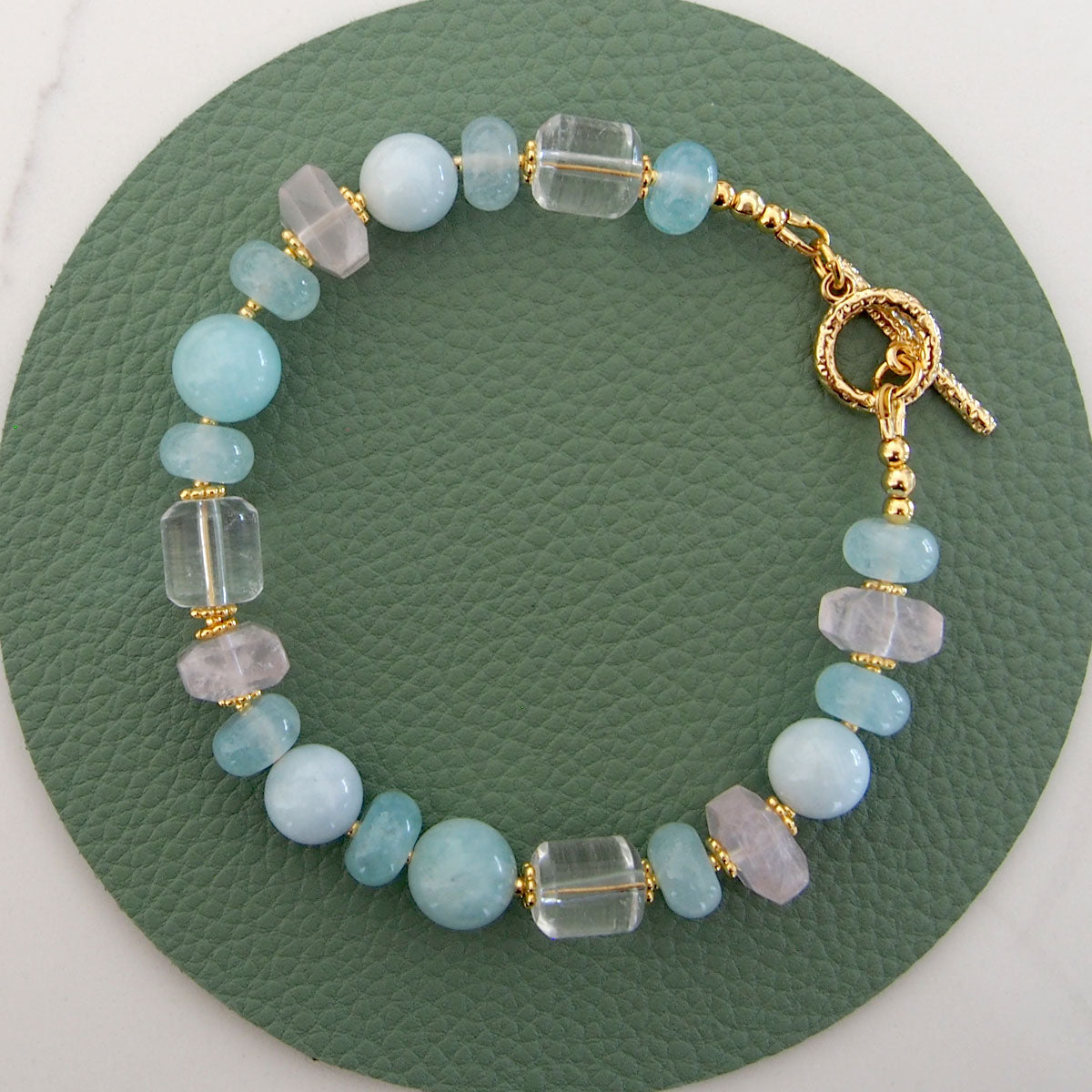 Rose Quartz, Rock Crystal, Amazonite, Beryl, Chalcedony Bracelete- Romance