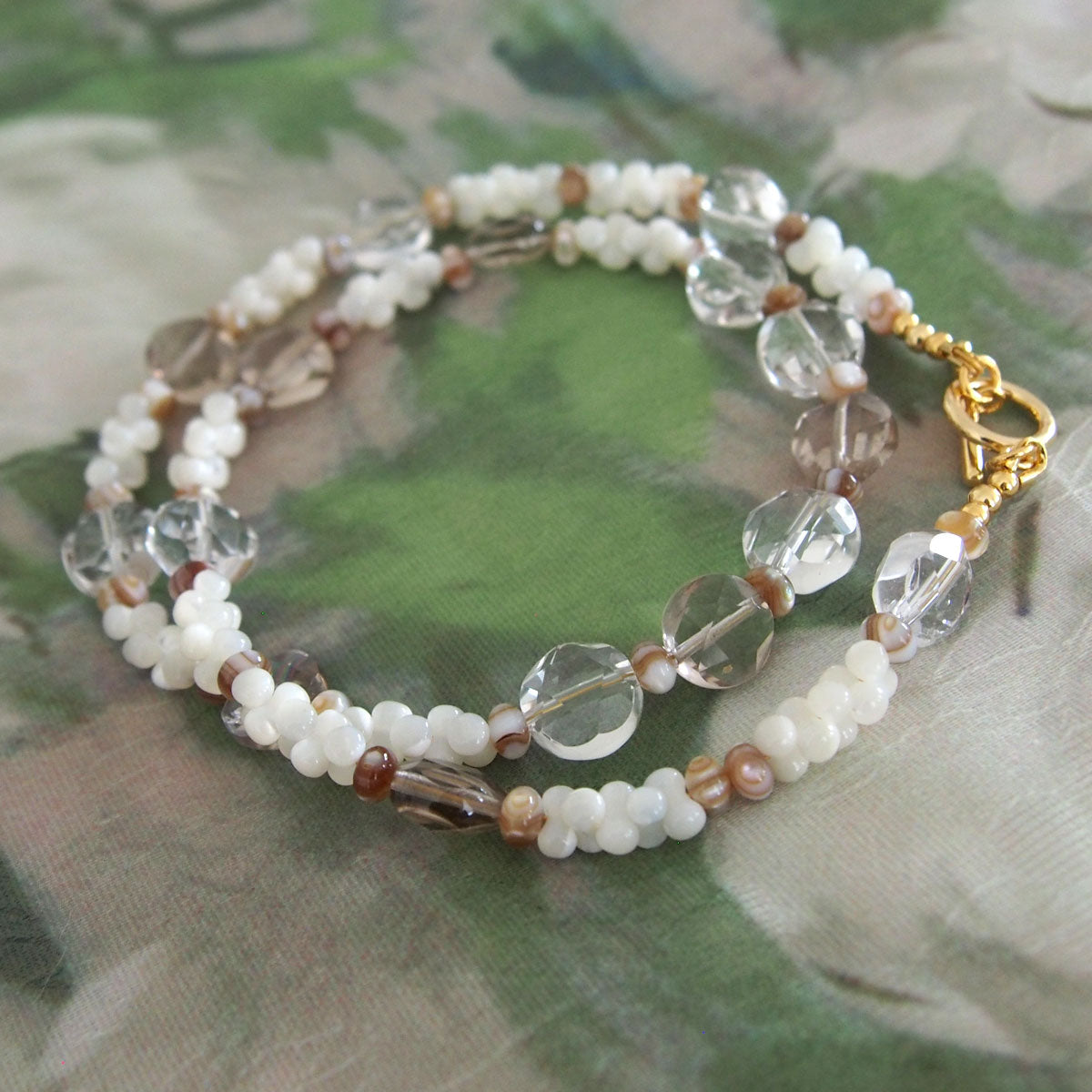 Smoky Quartz, Rock Crystal, Shell beads Necklace- Snowberry
