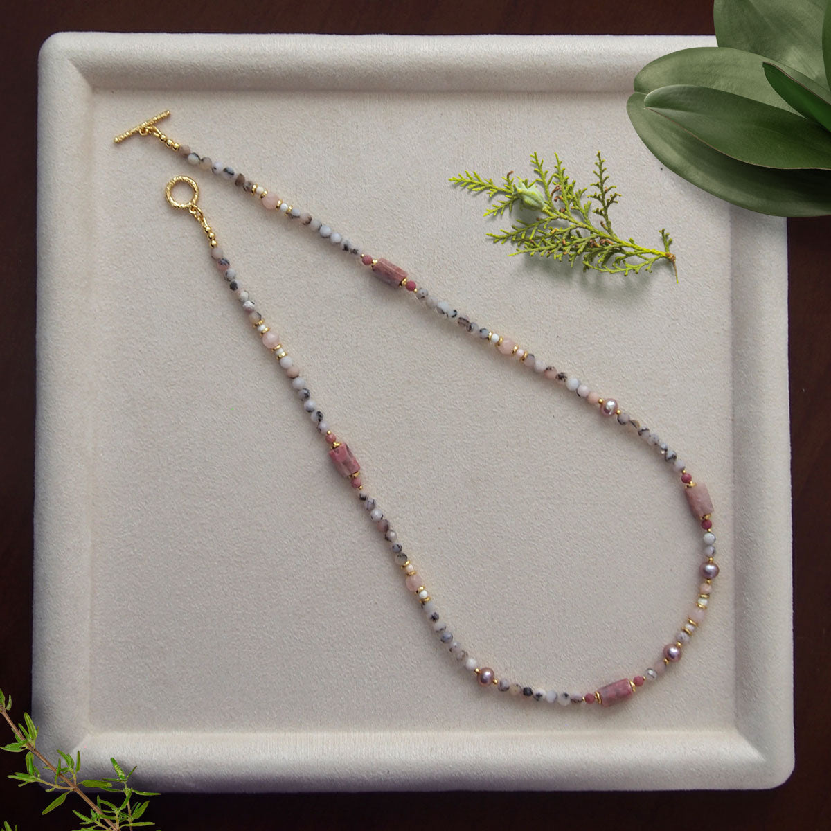 Rhodonite, Pearls, Morganite, Common Opal, Rhodochrosite Necklace–Rosa multiflora