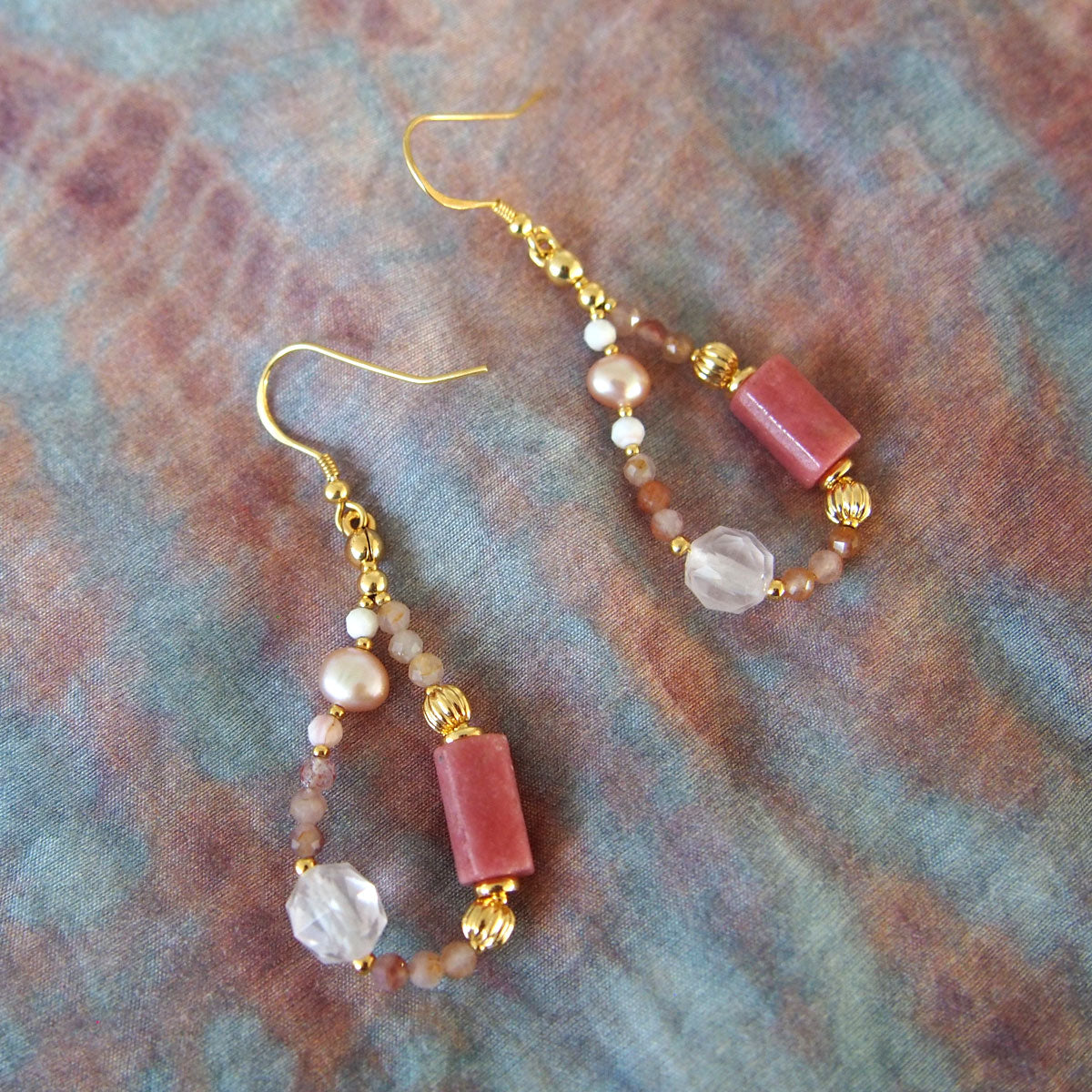 Rhodonite, Rock Crystal, Pearls, Sakura agate Earrings- Love