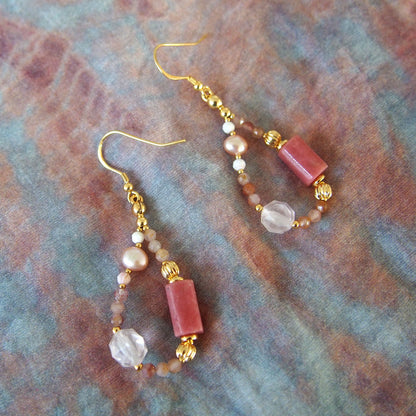 Rhodonite, Rock Crystal, Pearls, Sakura agate Earrings- Love