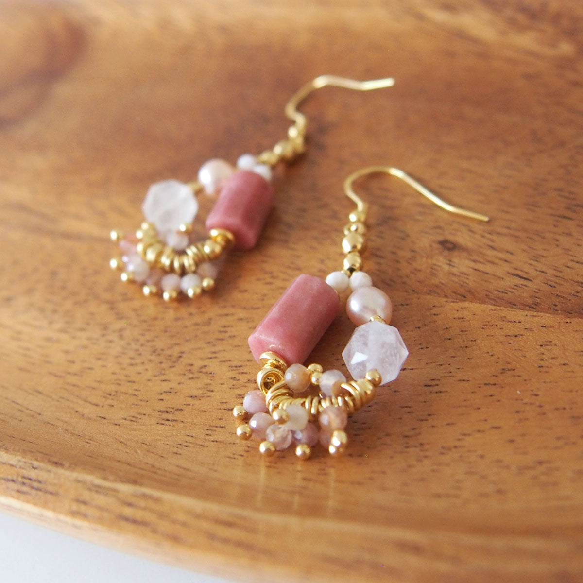 Rhodonite, Rock Crystal, Pearls Sakura agate Earrings- Love
