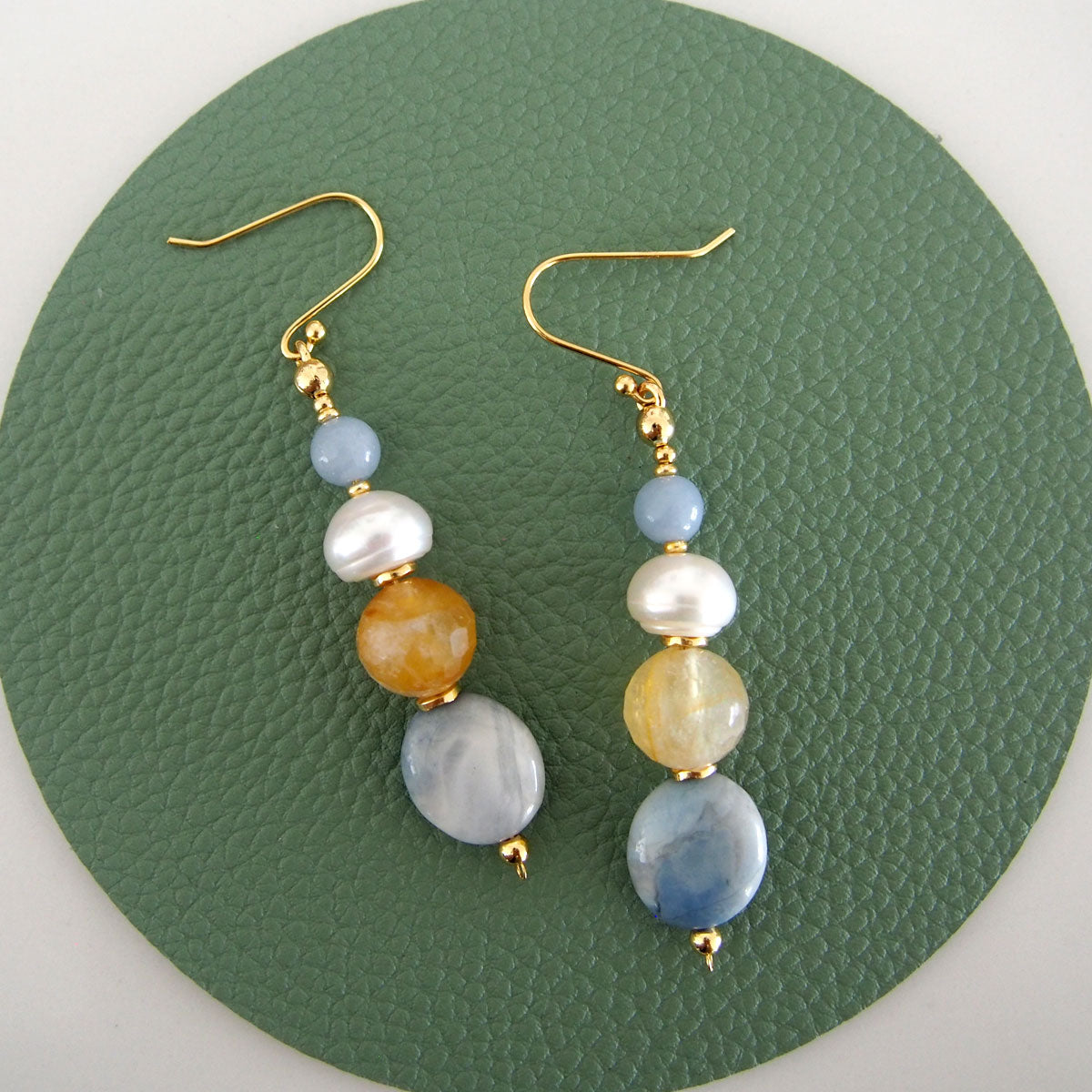 Magnesite, Pearls, Inclusion Quartz, Blue Anhydrite Earrings-Sky