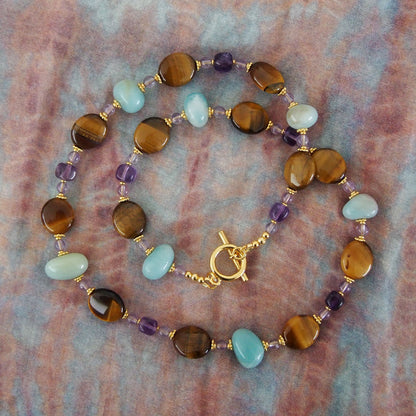 Tiger’s eye, Amazonite, Amethyst Necklace- Courage