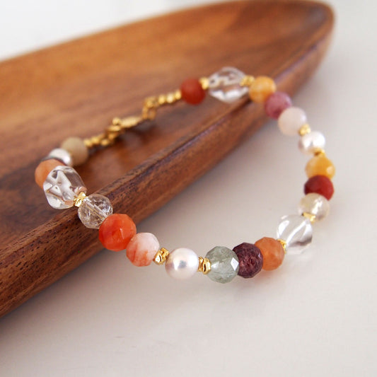 Agate, Pearls, Quartz Rutilated, Rock Crystal, Strawberry Quartz Bracelet- Vigour