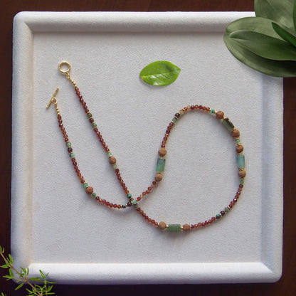 Common Opal(green), Amber(Raw crust), Chrysoprase, Garnet(orange) Necklace–Buds