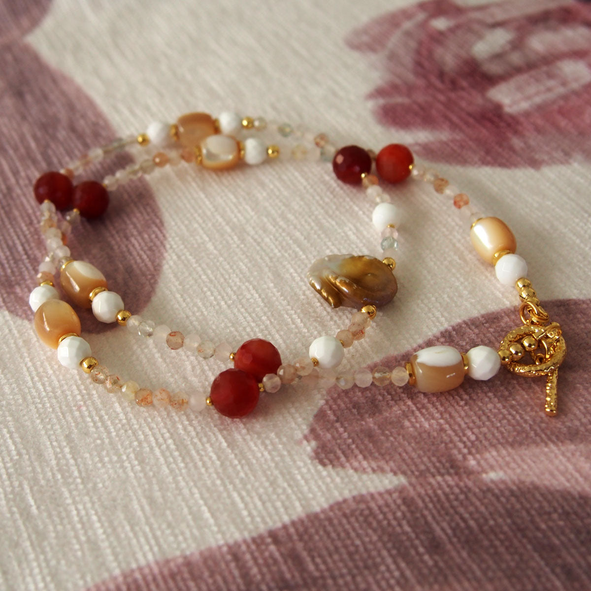 Pearls, Shell beads, Agate, Sunstone Necklace- Red sun