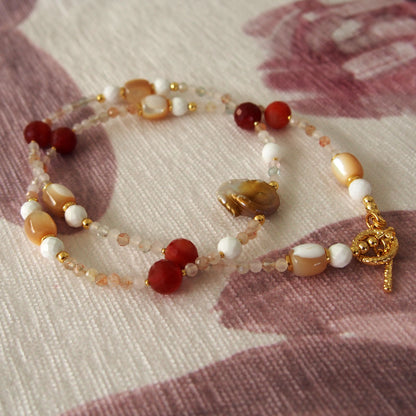 Pearls, Shell beads, Agate, Sunstone Necklace- Red sun