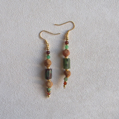 Common Opal(green), Amber(Raw crust), Chrysoprase, Garnet(orange) Earrings–Buds