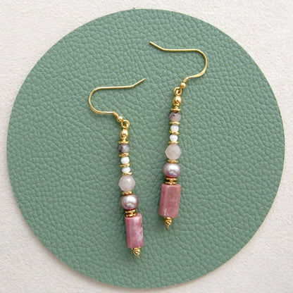 Rhodonite, Pearls, Morganite, Common Opal Earrings–Rosa multiflora