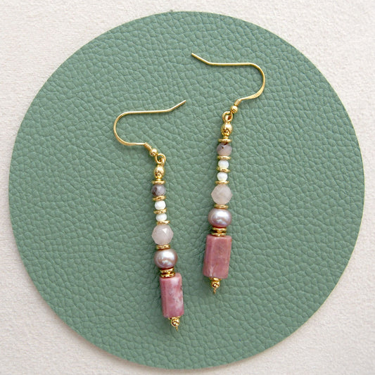 Rhodonite, Pearls, Morganite, Common Opal Earrings–Rosa multiflora