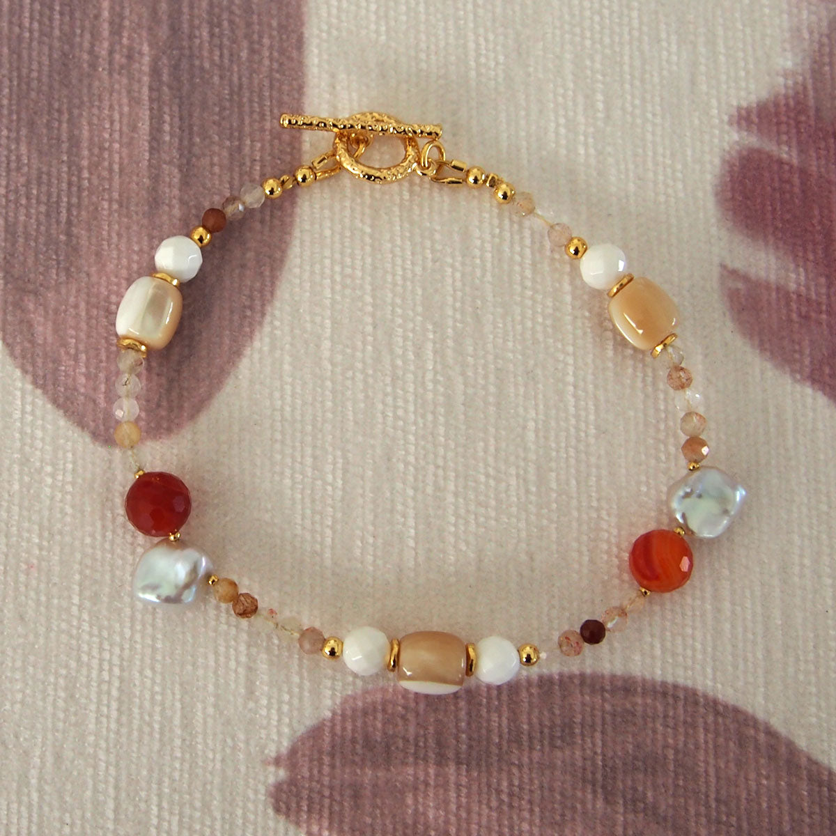 Pearls, Shell beads, Agate, Sunstone Bracelet- Red sun