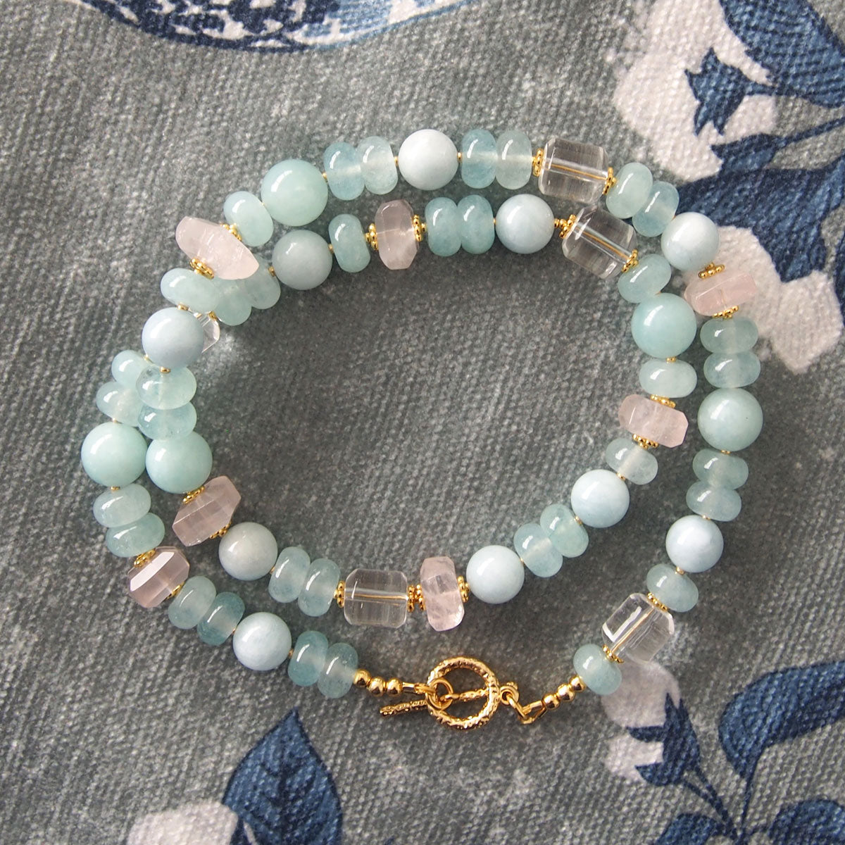 Rose Quartz, Rock Crystal, Amazonite, Beryl, Chalcedony Necklace- Romance