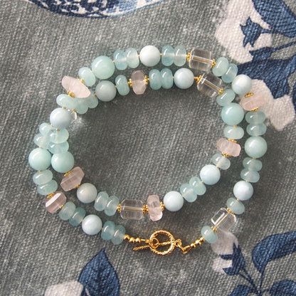 Rose Quartz, Rock Crystal, Amazonite, Beryl, Chalcedony Necklace- Romance