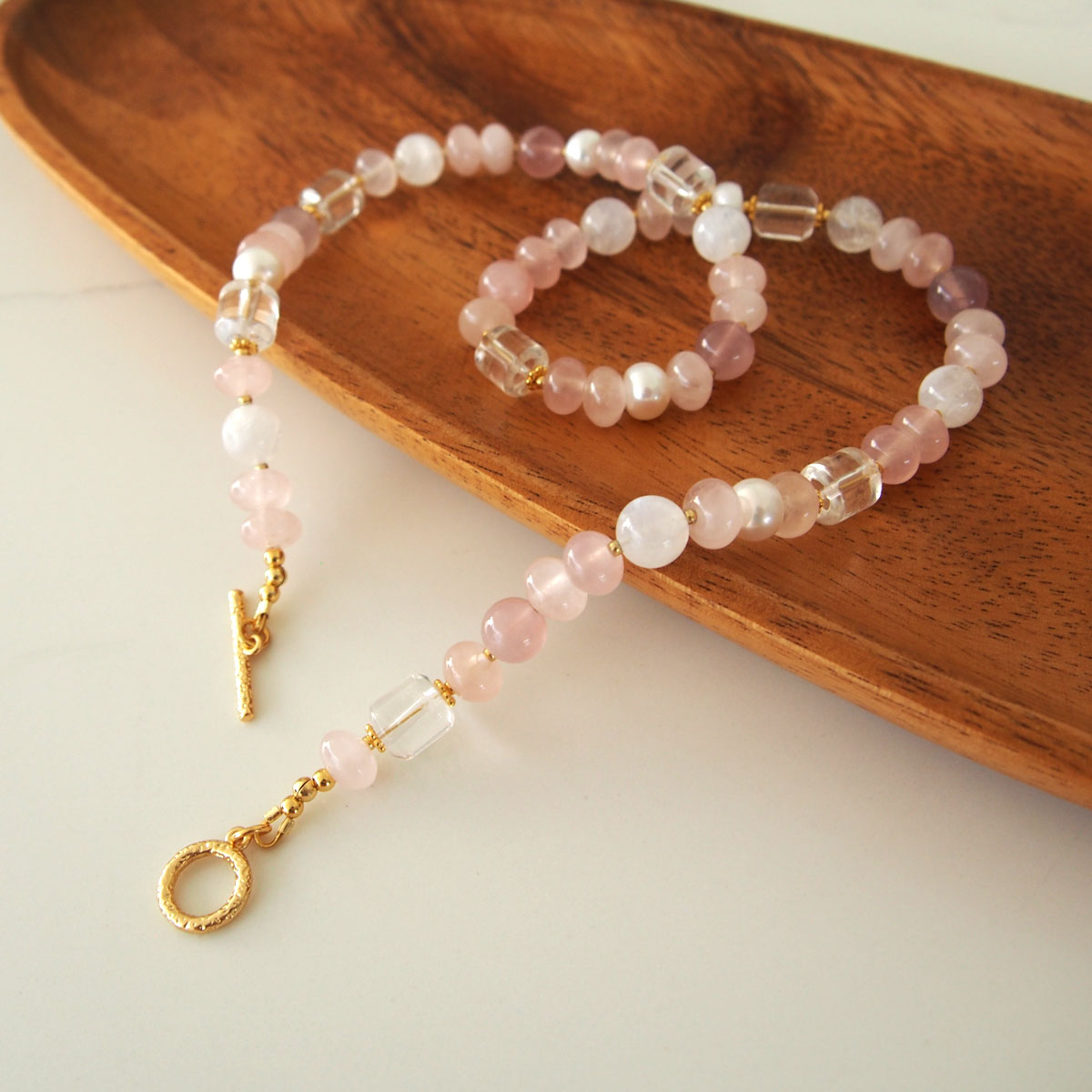 Rock Crystal, Moonstone, Rose Quartz, Pearls Necklace- Romance
