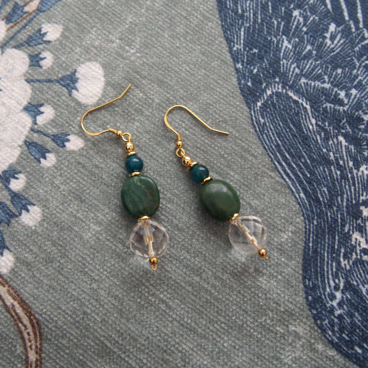 Rock crystal,  Jade(oval),  Apatite Earrings-Blue Spring