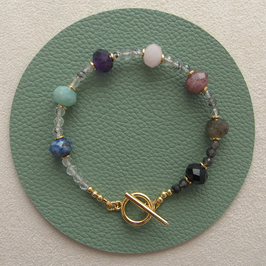 Agate, Amazonite, Amethyst, Lapis Lazuli, Quartz Rutilated, Rose Quartz, Strawberry Quartz Bracelet- Abundance