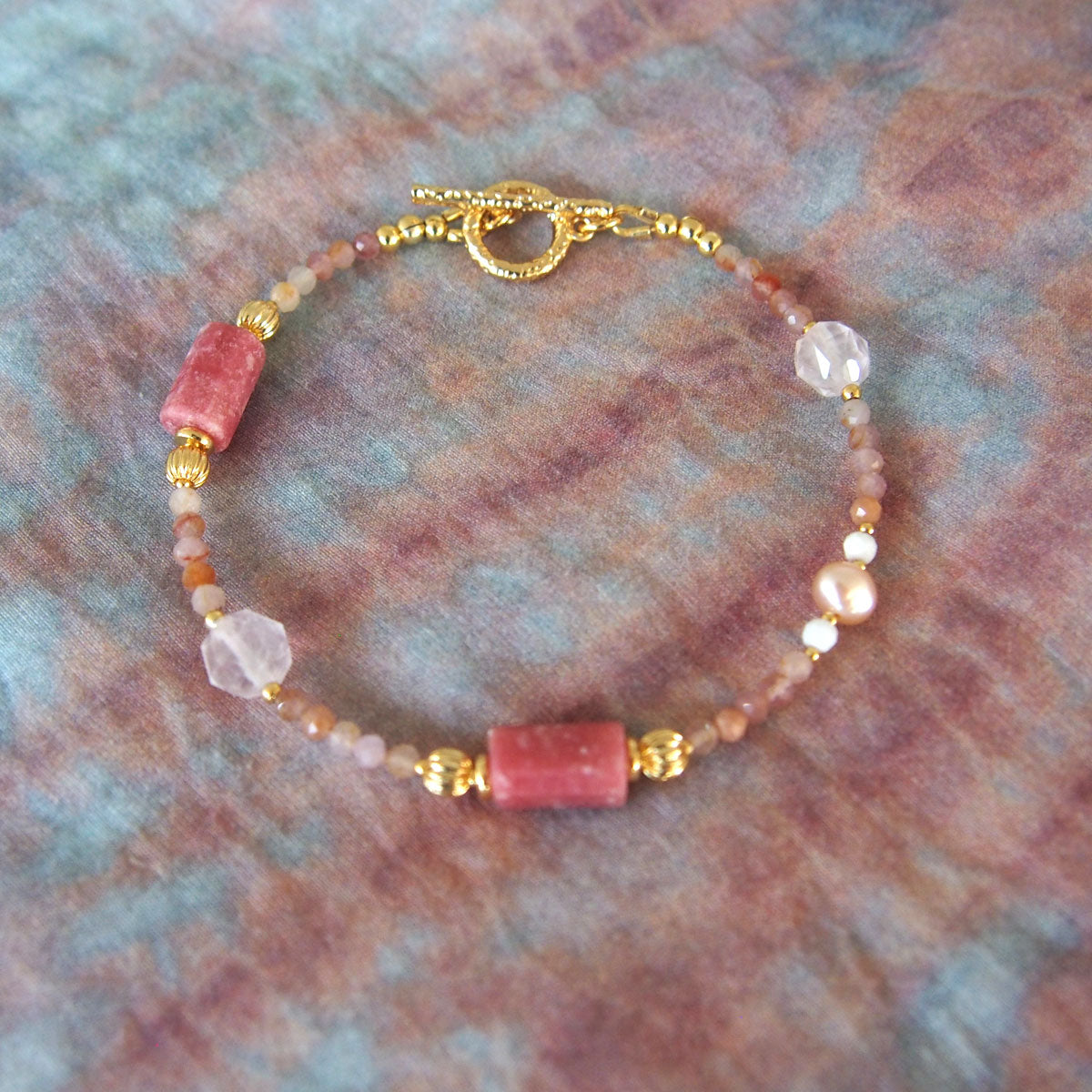 Rhodonite, Rock Crystal, Pearls, Sakura agate Bracelet- Love