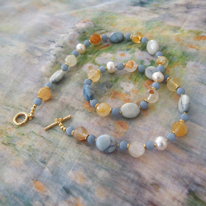 Magnesite, Pearls, Inclusion Quartz, Blue Anhydrite Necklace-Sky
