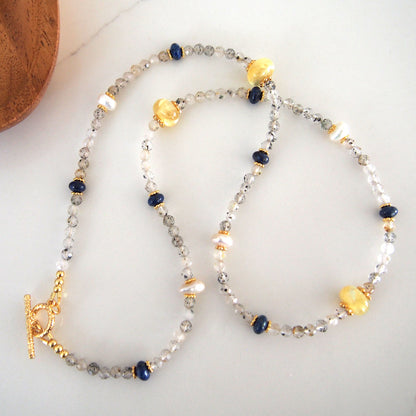 Lepidolite, Pearls, Lapis Lazuli, Quartz Rutilated Necklace- Power
