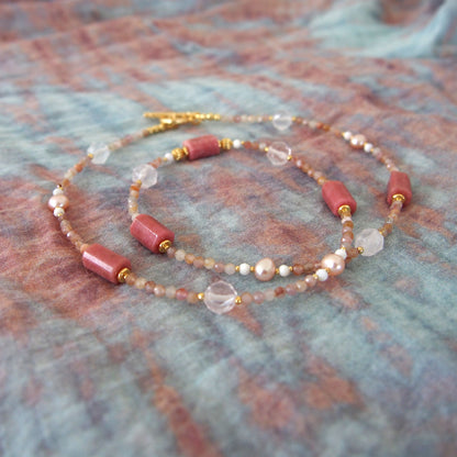 Rhodonite, Rock Crystal, Pearls, Sakura agate Necklace- Love
