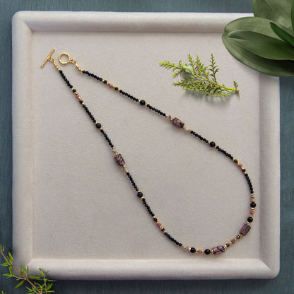 Rhodonite, Tourmaline(black), Opal(common), Rhodochrosite, Lolite Necklace–Dangerous tenderness