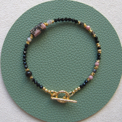 Rhodonite, Tourmaline(black), Opal(common), Rhodochrosite, Lolite Bracelet–Dangerous tenderness