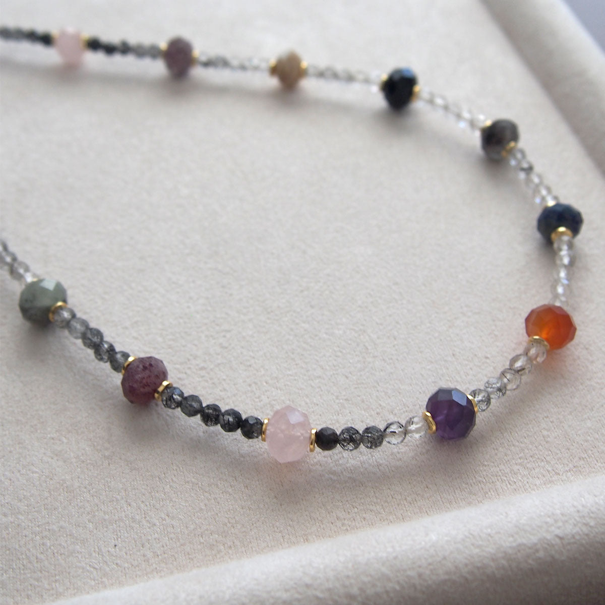 Agate, Amethyst, Lapis Lazuli, Quartz Rutilated, Rose Quartz, Strawberry Quartz Necklace- Abundance