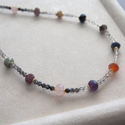 Agate, Amethyst, Lapis Lazuli, Quartz Rutilated, Rose Quartz, Strawberry Quartz Necklace- Abundance