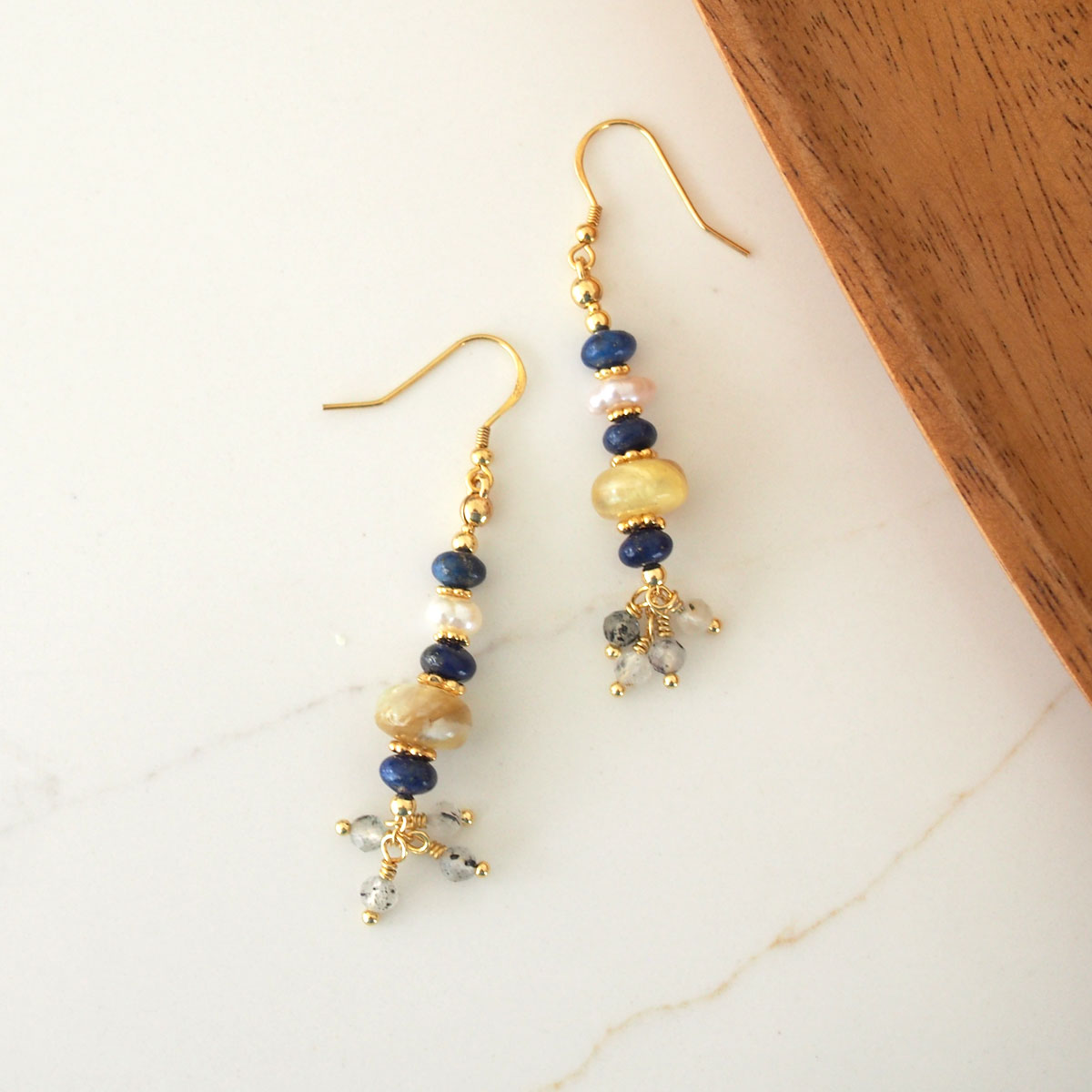 Lepidolite, Pearls, Lapis Lazuli, Quartz Rutilated Earrings- Power
