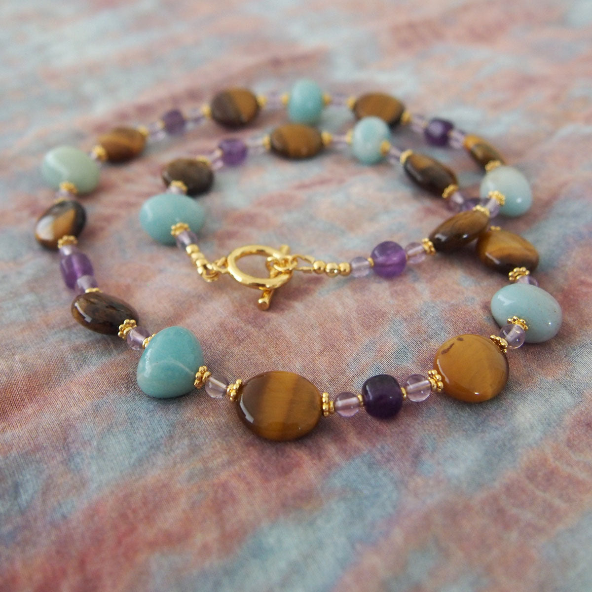 Tiger’s eye, Amazonite, Amethyst Necklace- Courage