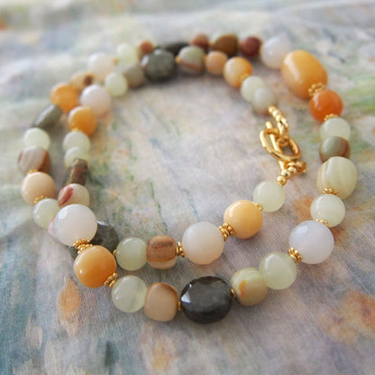 Quartzose Jade, Garnet, Agate, Serpentine Jade, Calcite Necklace-Vitality