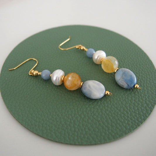 Magnesite, Pearls, Inclusion Quartz, Blue Anhydrite Earrings-Sky