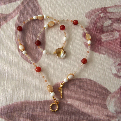 Pearls, Shell beads, Agate, Sunstone Necklace- Red sun