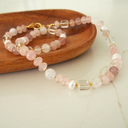 Rock Crystal, Moonstone, Rose Quartz, Pearls Necklace- Romance
